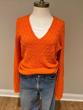 Ralph Lauren slim fit 100% cashmere cableknit V-neck orange sweater size L